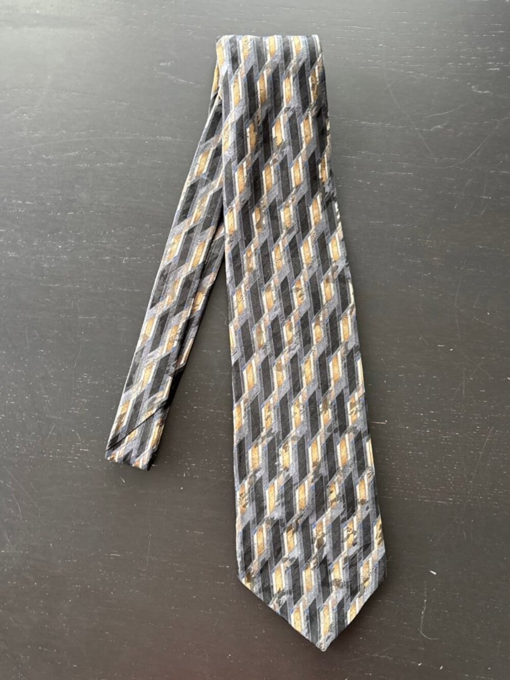 GUY LAROCHE Silk Tie Black Brown Gold Geometric Design 58-3/4” X 4”